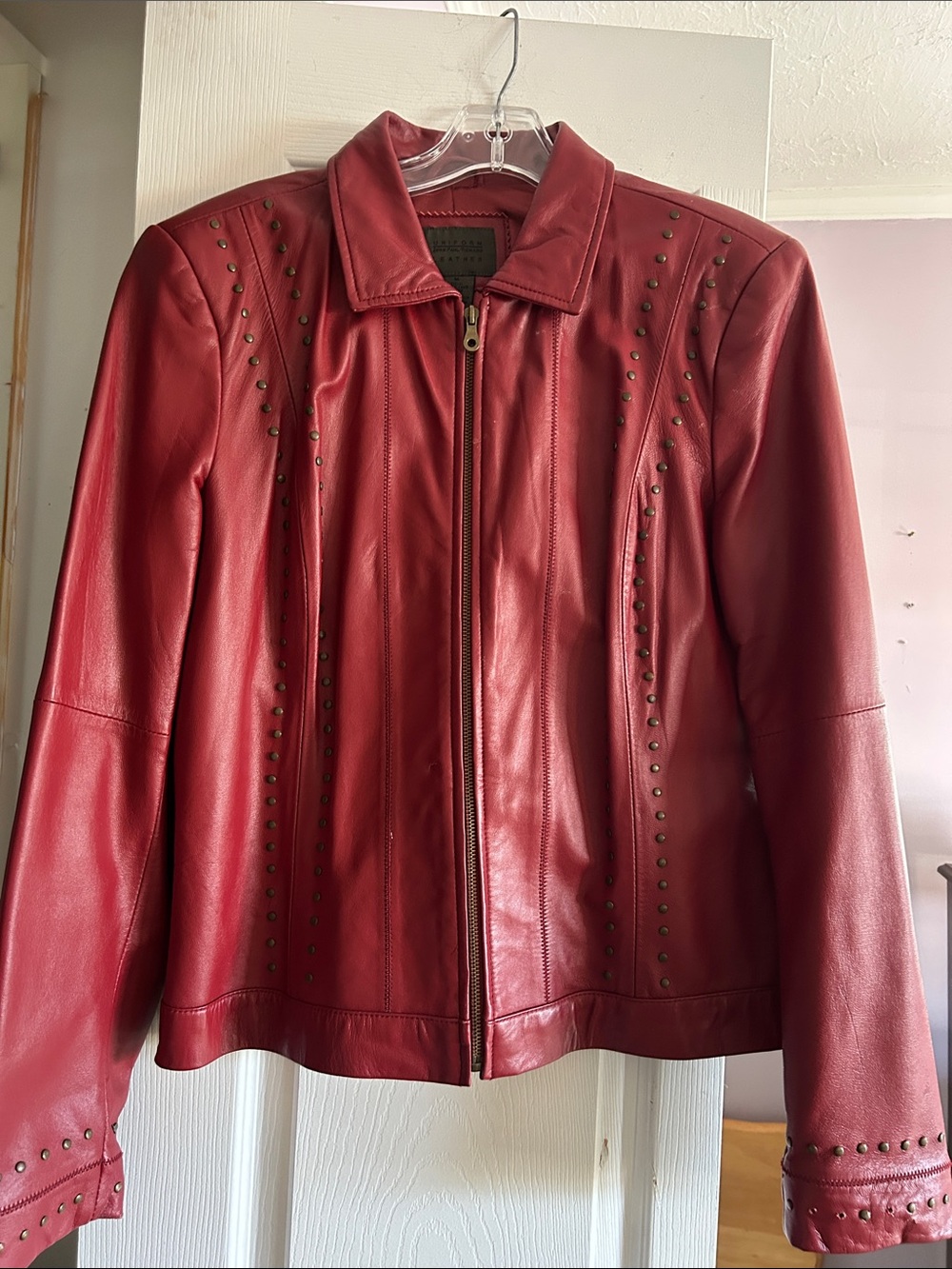 Women's Red Leather Stud-Accent Zip Jacket